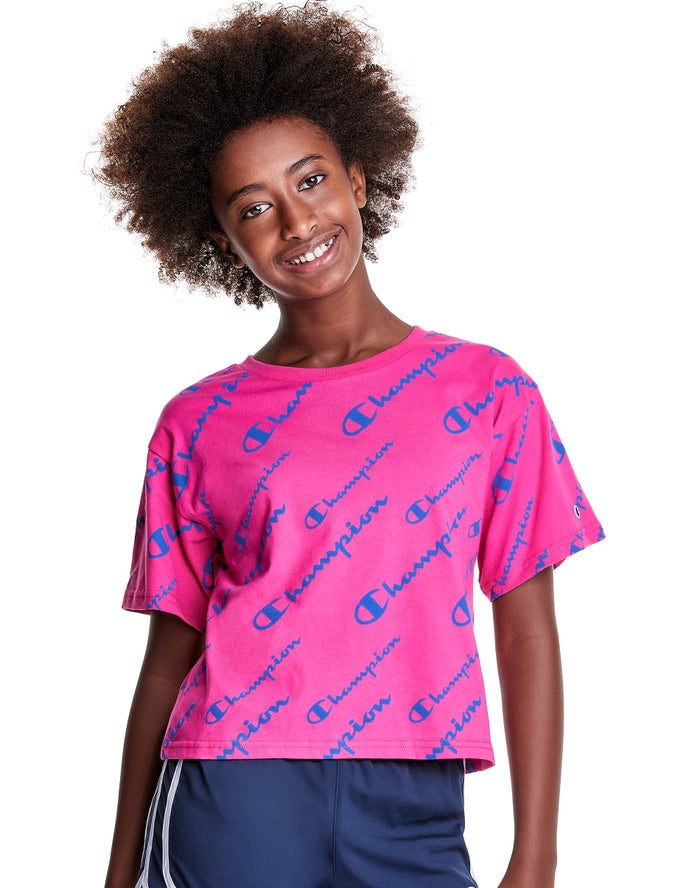 Champion Girls T-Shirt NZ - Boxy Allover Logo Pink ( 1697-UEJOI )